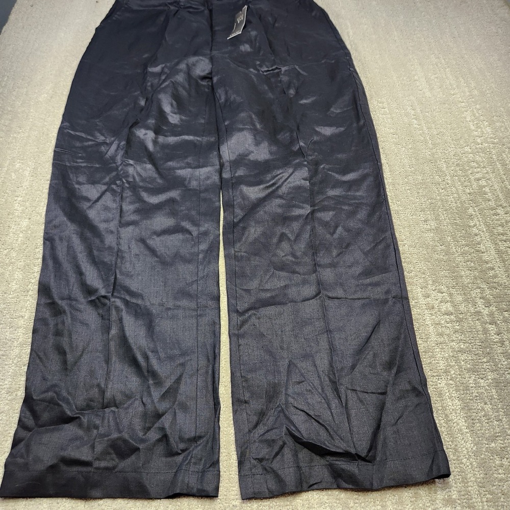 Pleated High Rise Trouser Men L 34X32 100% Linen Black Baggy Elastic Waist Flowy